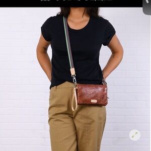 Consuela Brown Embossed Crossbody Bag with Multicolor Strap